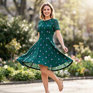 Unique Vintage Gwynnie Bee Luggage Midi Dress A-Line Short Sleeve Flare Classic
